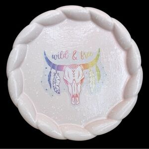 Round Pink Trinket Dish with “Wild & Free” Bull Skull Design